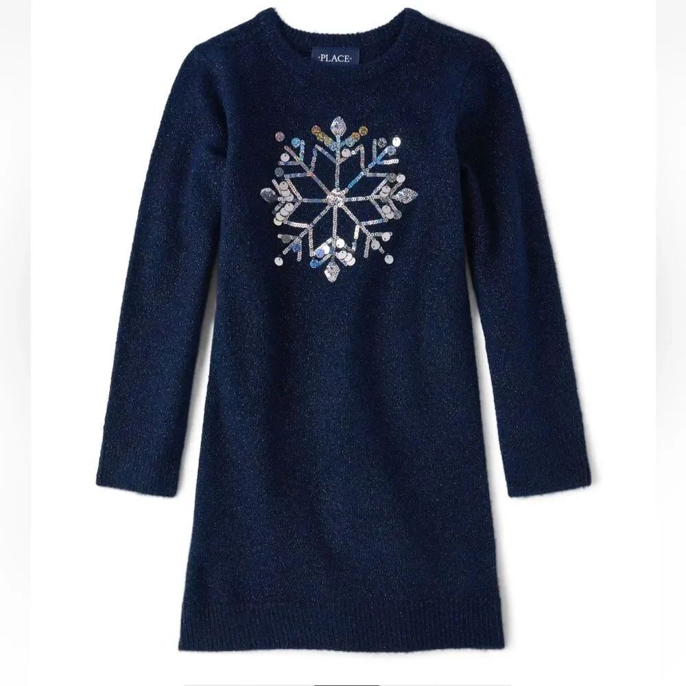 The Children’s Place Girls Sequin Snowflake Sweater Dress Blue NWT Size 14